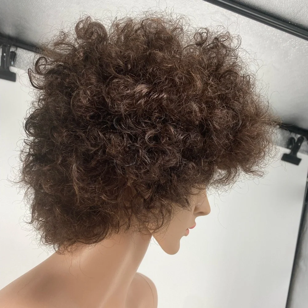 Curly Brown Human Hair Afro Wig - Picture 5 of 8
